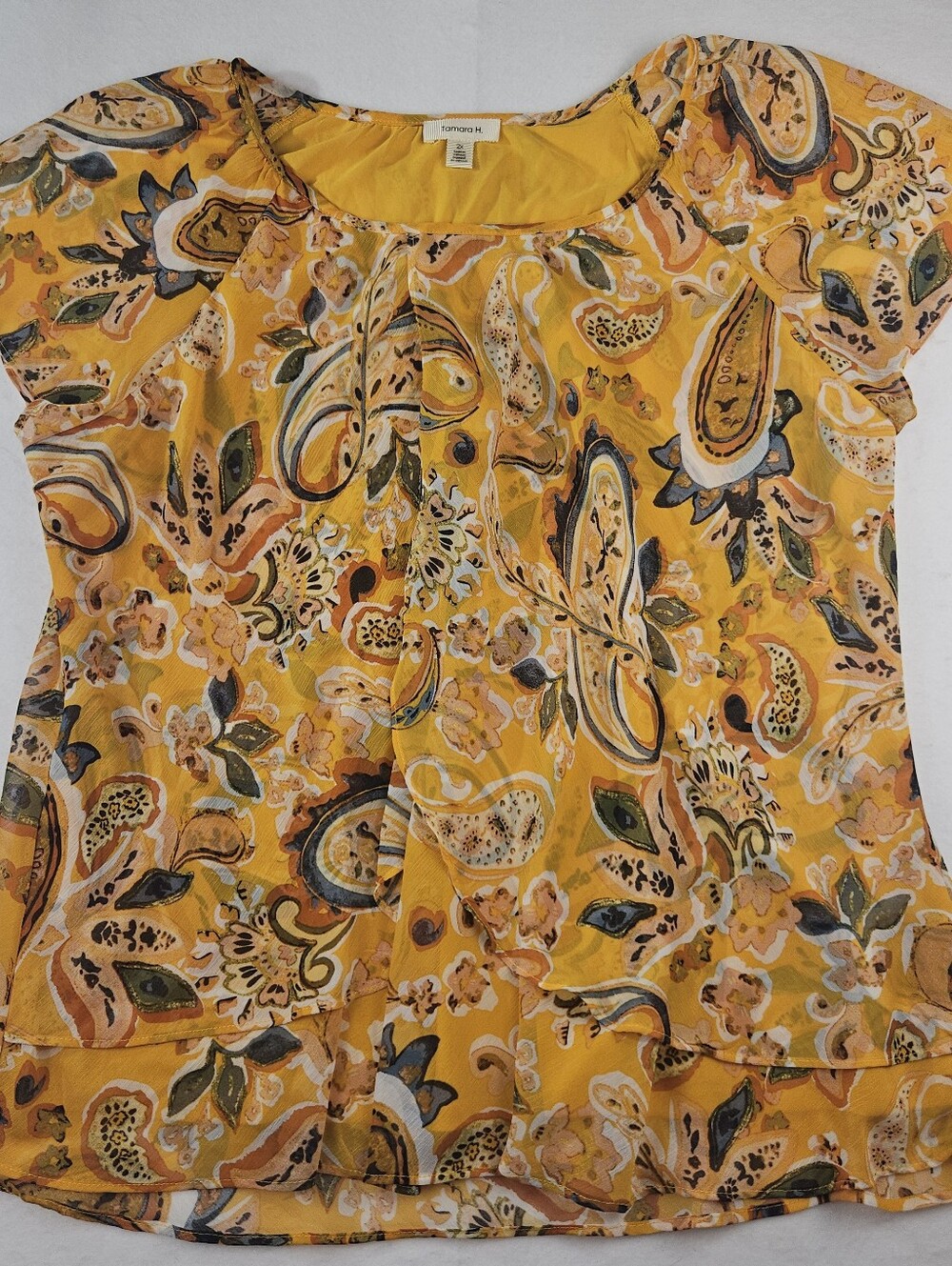 Tamara H Women's Petal Layered Floral Yellow Paisley Blouse Size 2X Lined